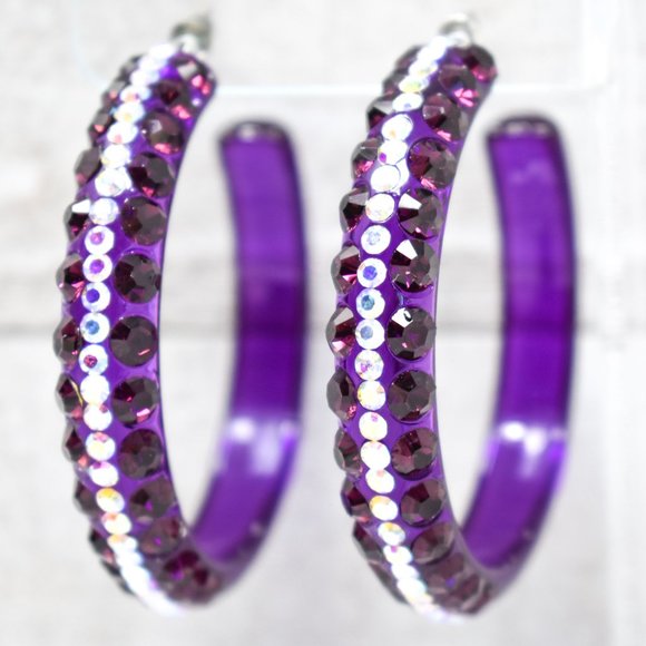 2.5" Clear Purple Lucite 5 Row Rhinestone Earrings - Picture 4 of 11